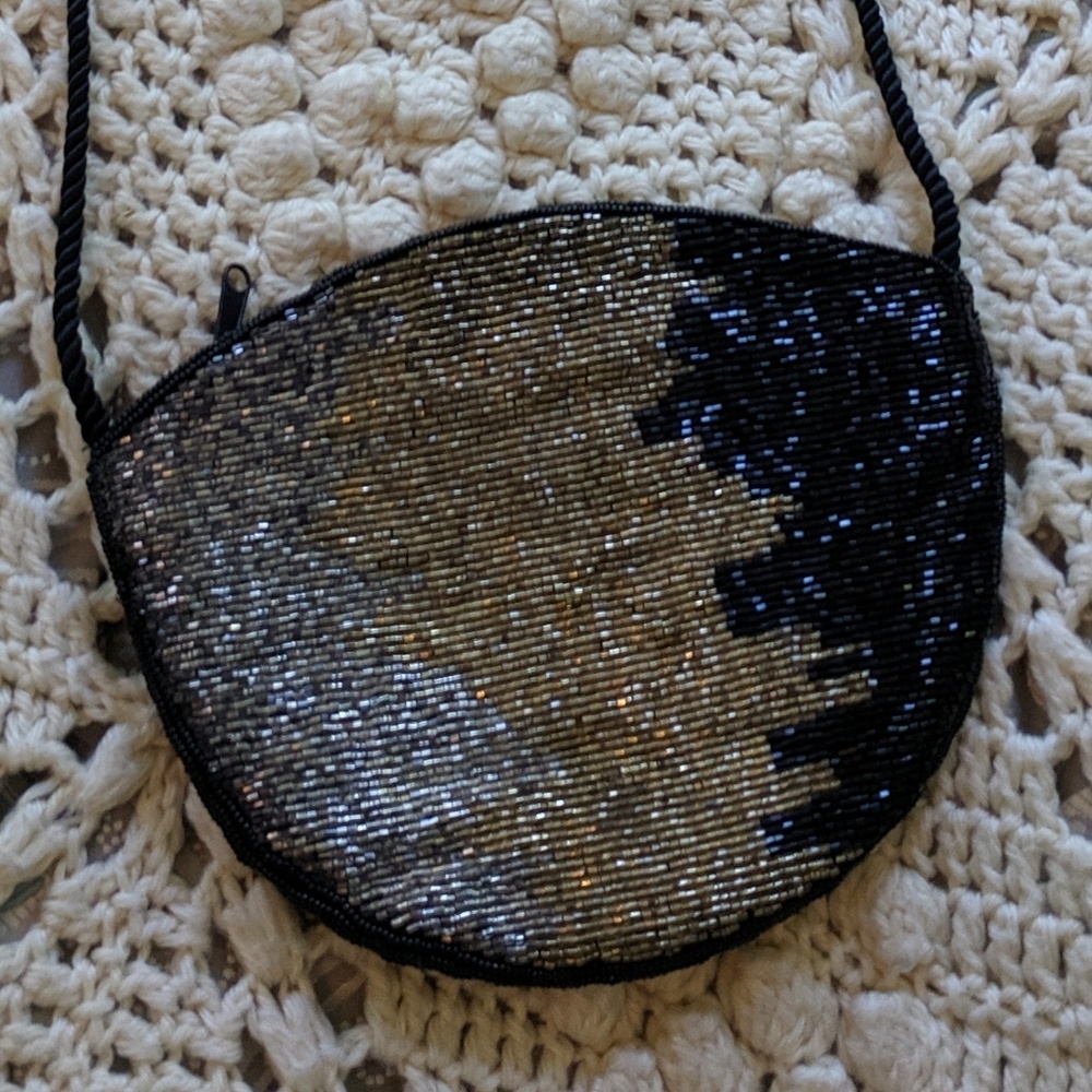 Vintage Beaded purse evening black silver gold New